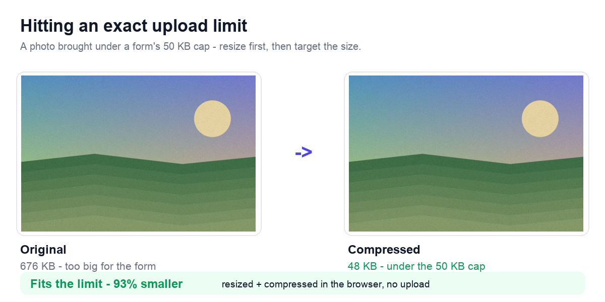 A 676 KB photo resized and compressed to 48 KB to fit under a form’s 50 KB upload cap
